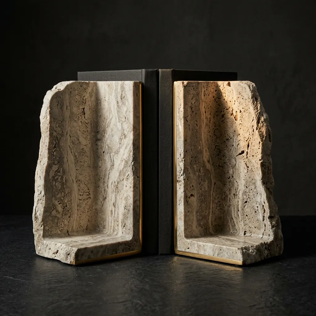 Sculptural travertine marble heavy bookends set