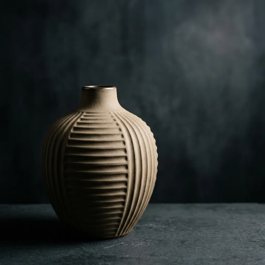 Architectural ribbed ceramic vase in sand beige