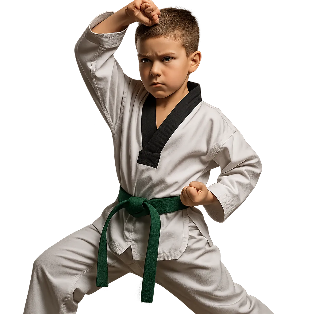 Niño practicando taekwondo con dobok blanco en dojo de Santa Marta