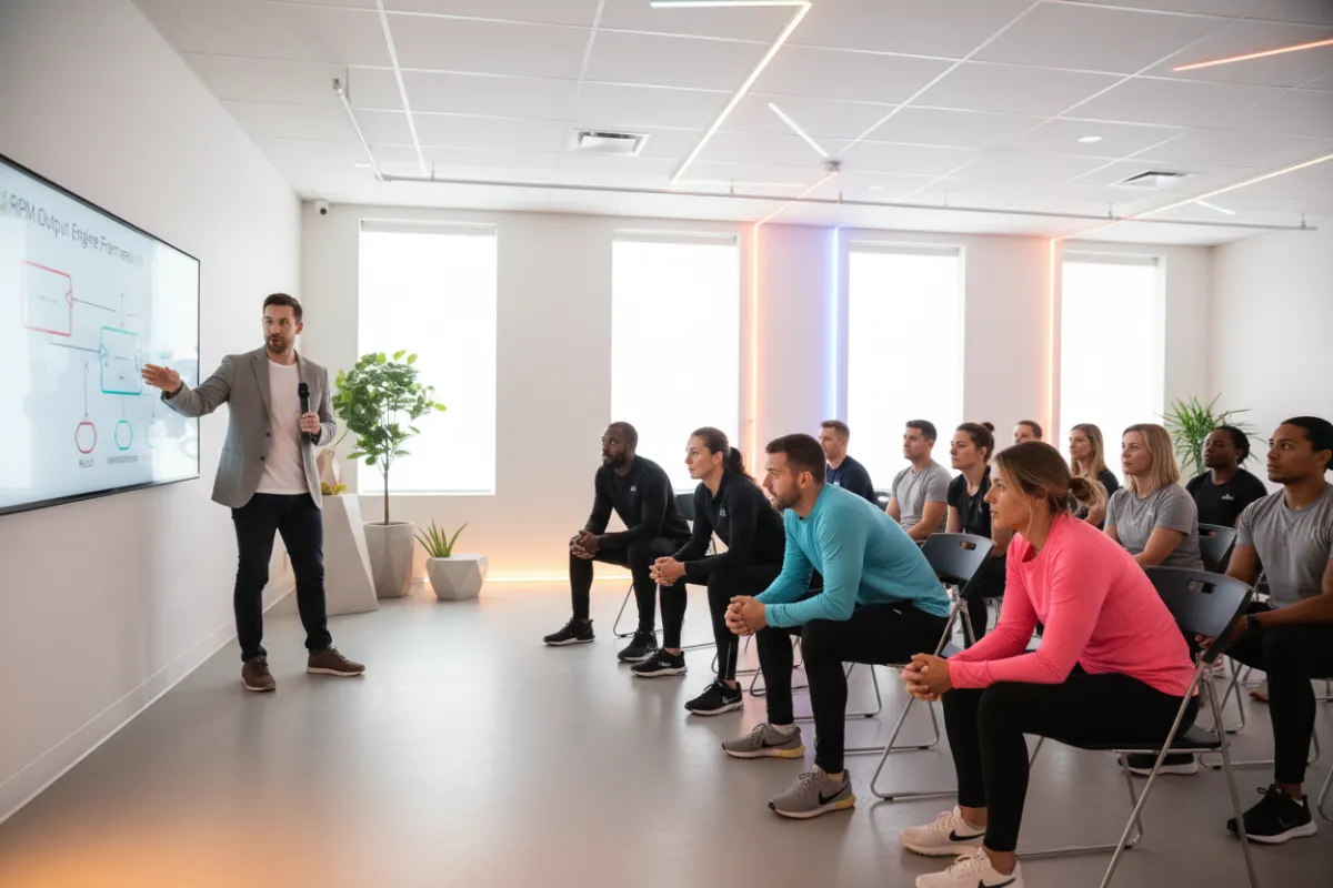 A diverse group of coaches attentively watching a live master class presentation, with a dynamic presenter gesturing at a digital whiteboard displaying the RPM Output Engine framework. Modern, bright studio setting, energetic atmosphere, 3:2 aspect ratio.