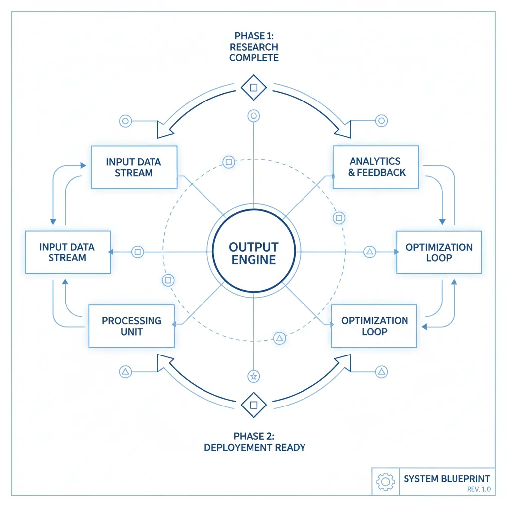 A detailed blueprint diagram of the RPM Output Engine system, featuring interconnected modules, workflow arrows, and key milestones. The image is rendered in a clean, infographic style with blue and white tones, 1:1 aspect ratio.