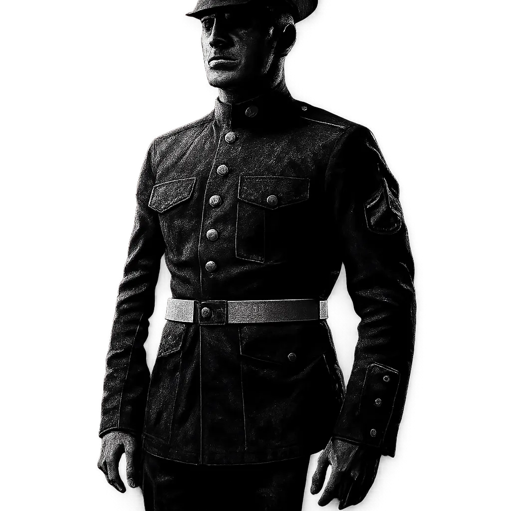 Isolated portrait of Joe in a Marine stance, gritty monochrome.