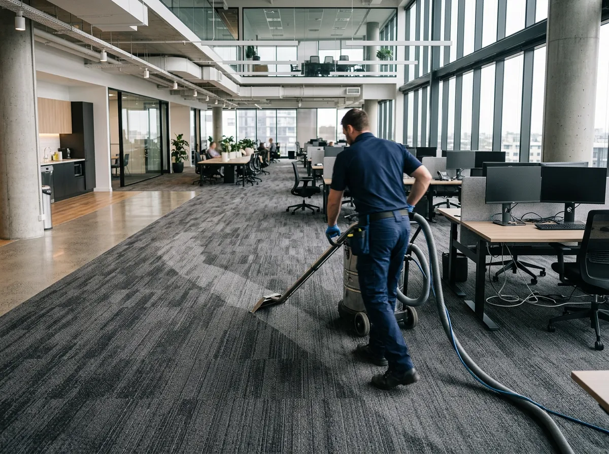 Nettoyage professionnel de tapis en milieu commercial (bureaux)