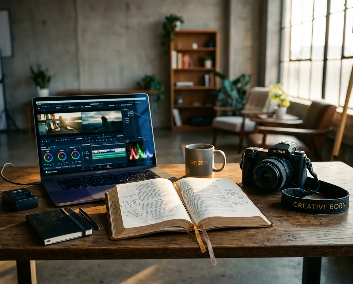 Warm cinematic creative workspace with sunlight illuminating an open Bible alongside a video editing timeline on desk