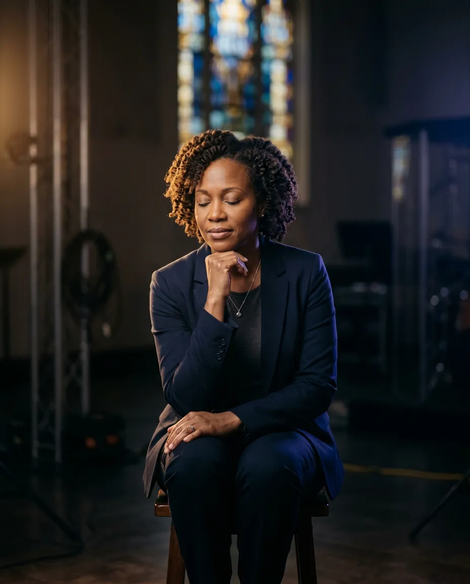 Reflective portrait of the founder in a dimly lit studio with warm golden rim lighting and subtle production equipment in the background