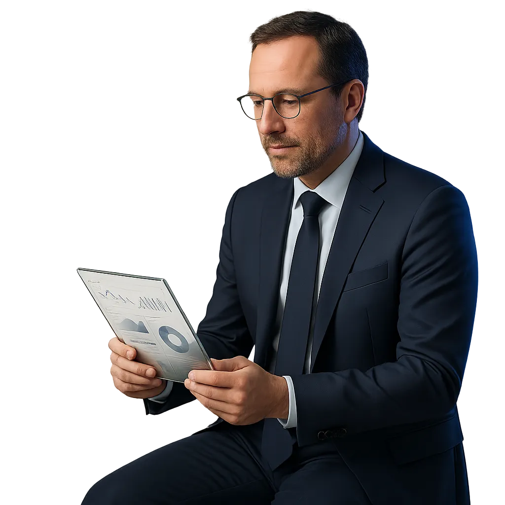 Modern professional consultant reviewing client analytics on a transparent glass tablet