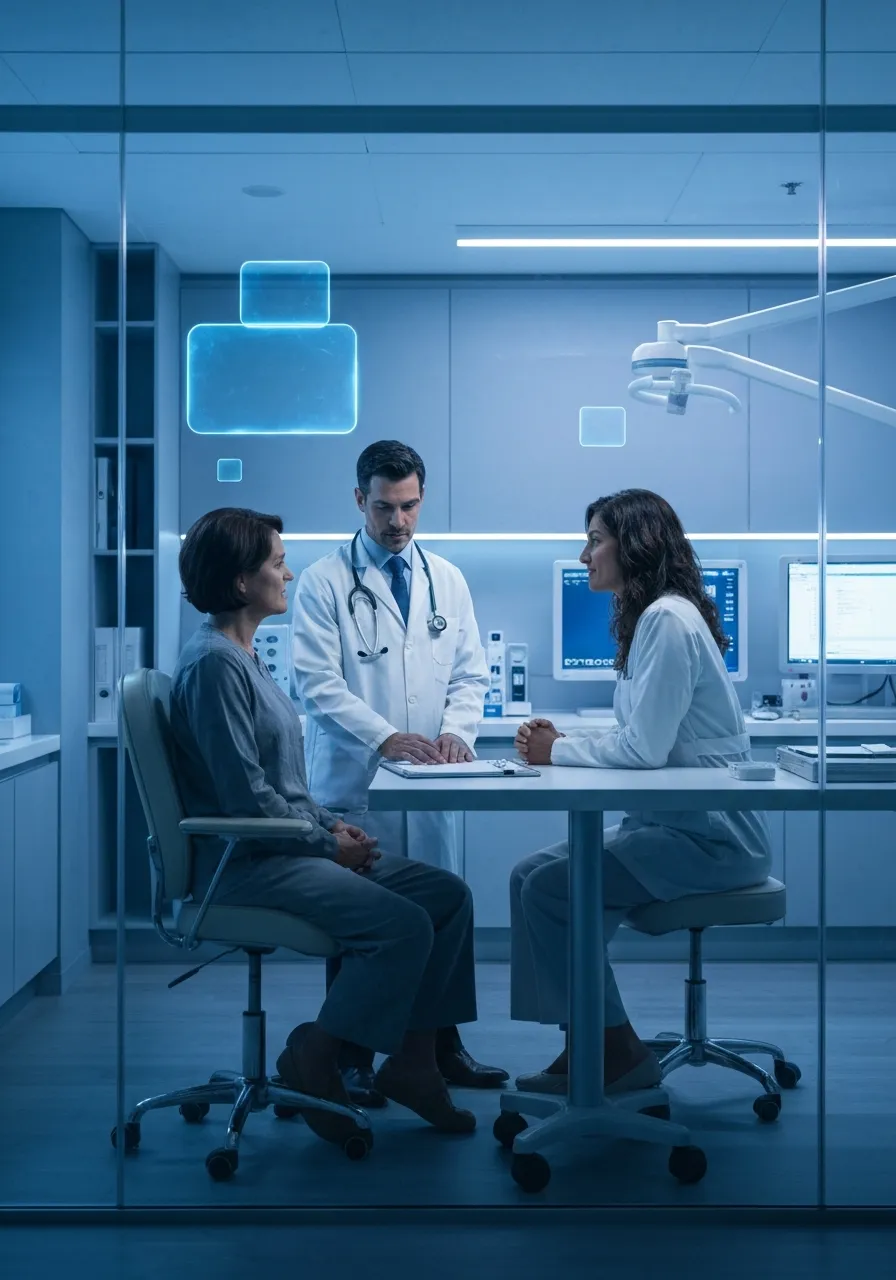 Doctor and patient in a high-tech clinic environment with digital overlays