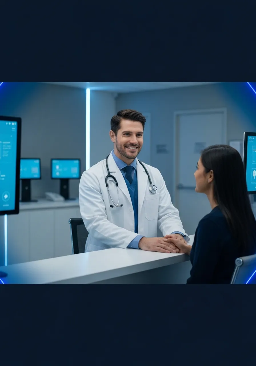 Modern healthcare clinic with doctor and patient