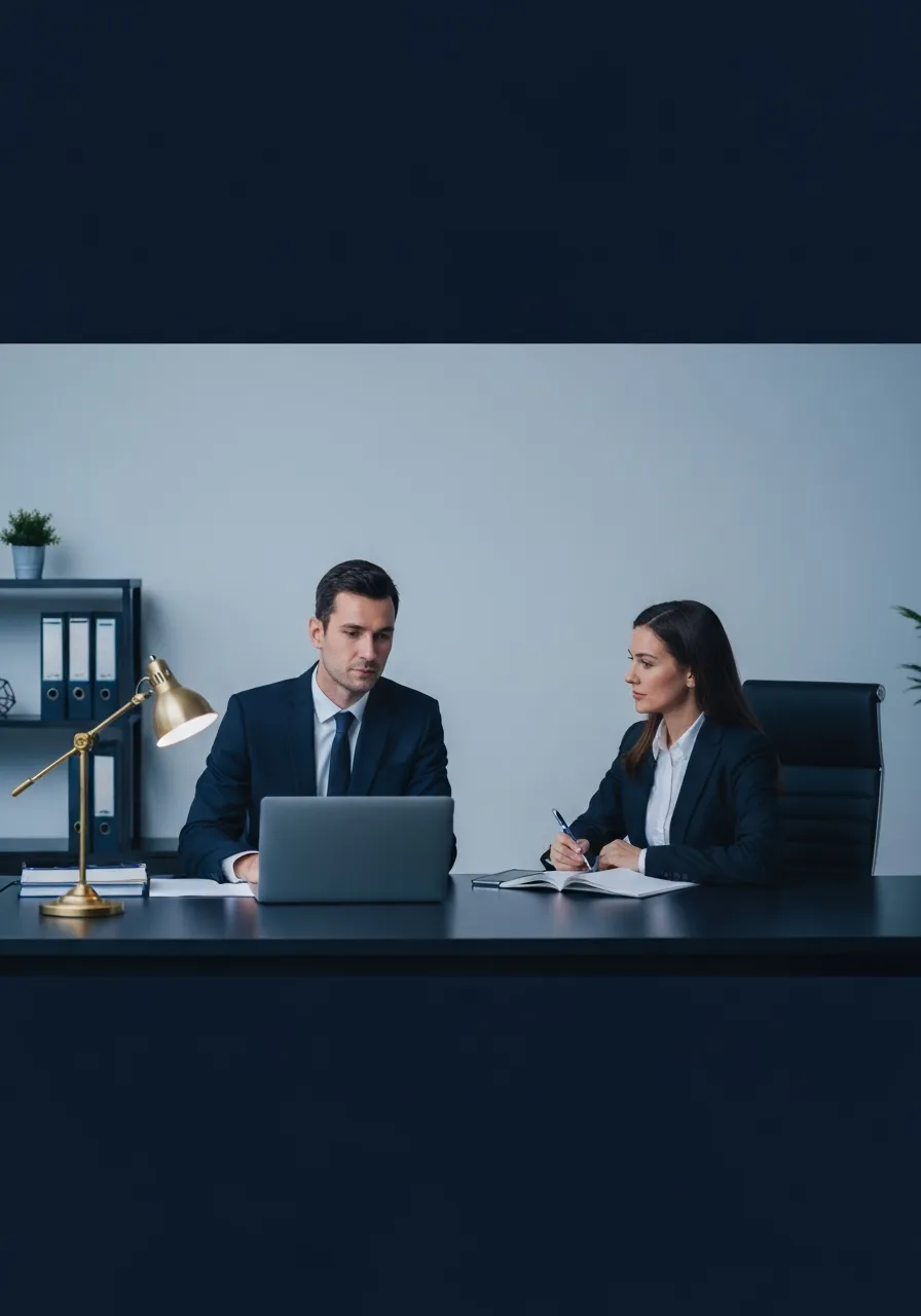 Lawyer and client in a modern cinematic setting