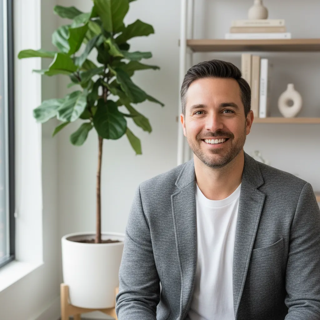 Close-up portret van een coach in een minimalistische, lichte werkruimte.