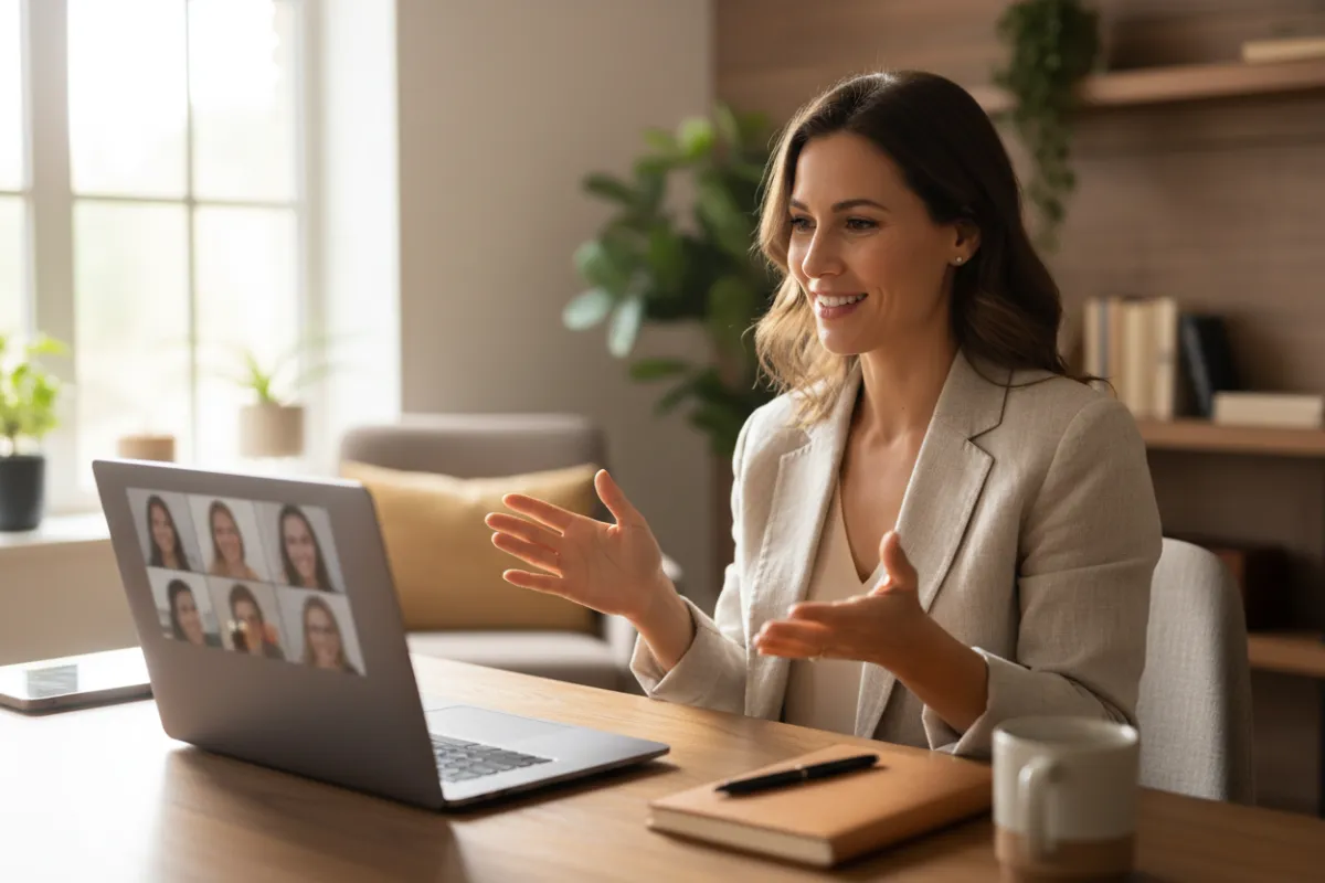 Coach in een moderne, lichte thuiswerkplek tijdens een videogesprek, met laptop en notitieboek.