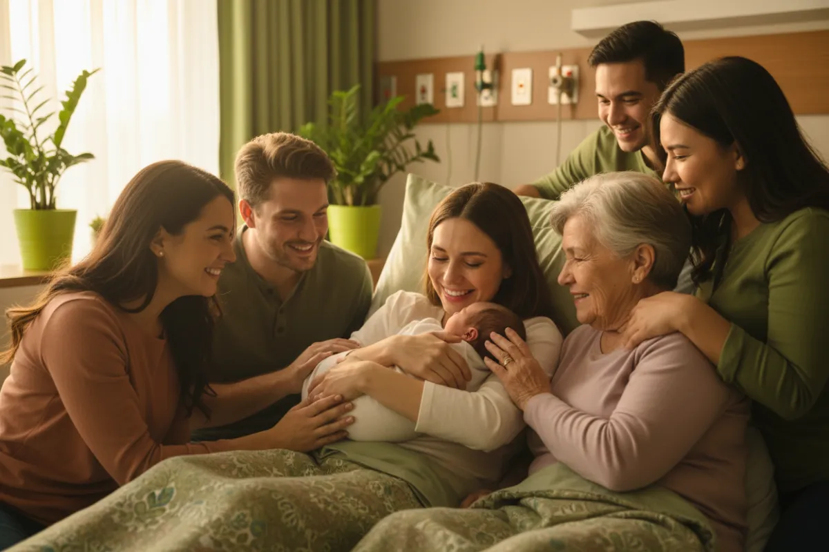 Una madre nueva y feliz sosteniendo a su recién nacido, rodeada por la familia en una habitación de hospital con tonos verdes, expresando gratitud y felicidad.
