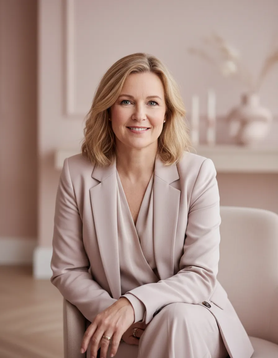 Porträtt av Åsa, programskapare, i elegant ljus rosa miljö