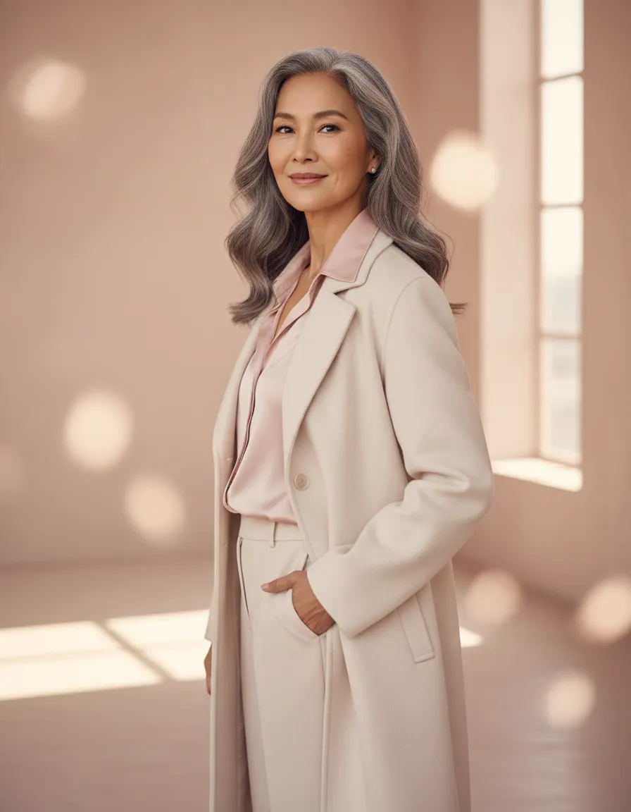 Mogen kvinna med elegant stil i ljusa rosa toner