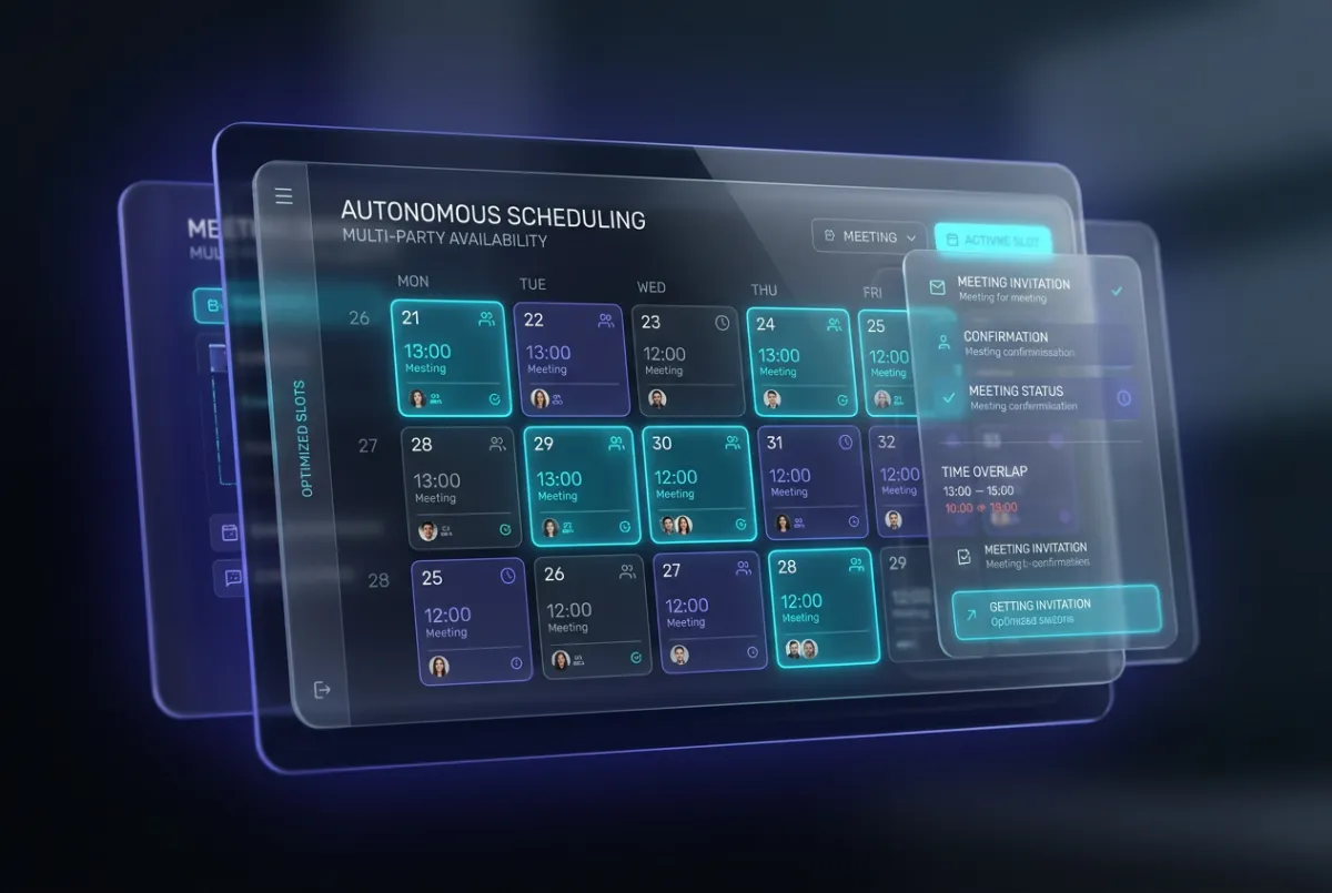 Glassmorphic UI showing autonomous calendar scheduling with live multi-party availability matrix