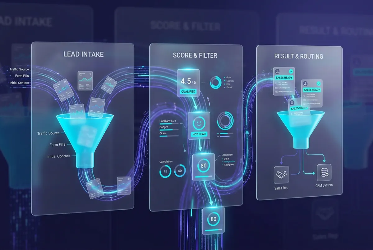 Glass UI showing real-time intent analysis and lead qualification score cards