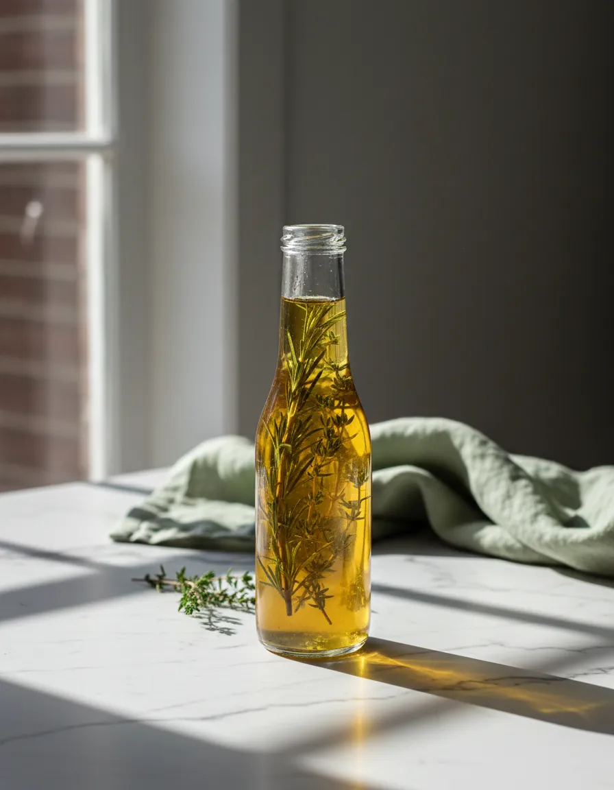 Glass jar filled with homemade dressing in bright natural sunlight