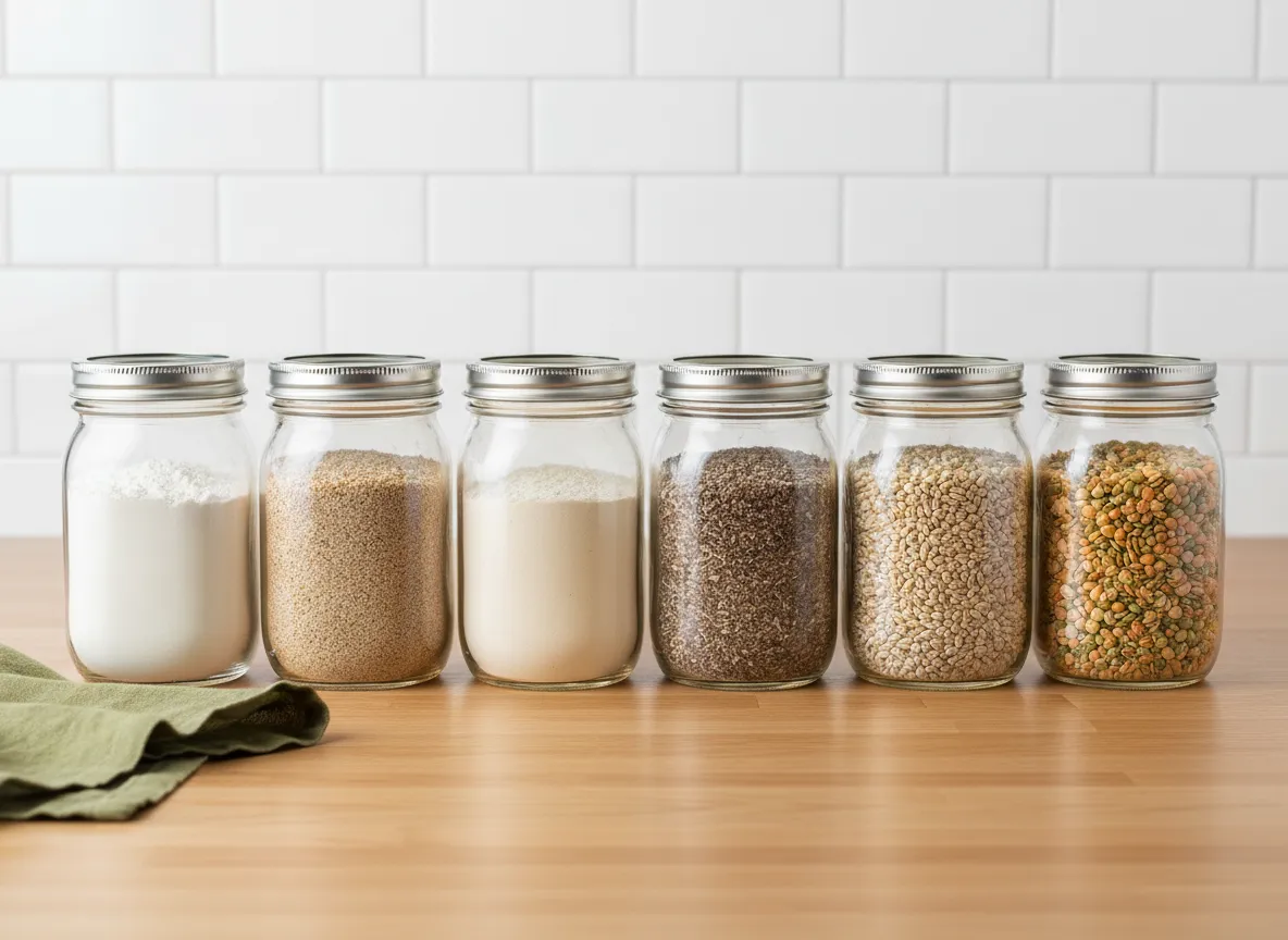 Bright lifestyle photo of fresh herbs and glass jars on a wooden kitchen counter