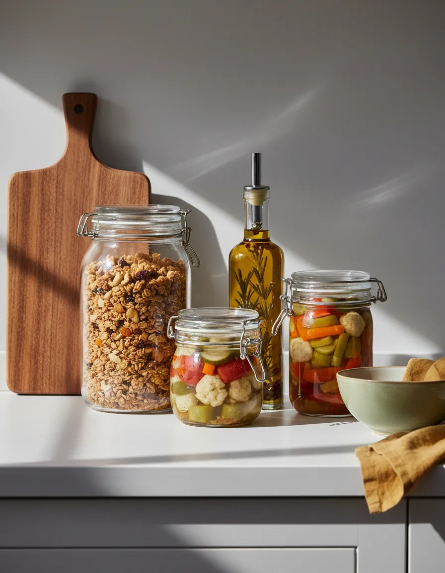 Beautiful organized pantry jars with simple staples