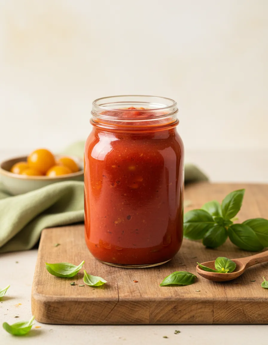 Apothecary-style glass bottle with rich homemade sauce