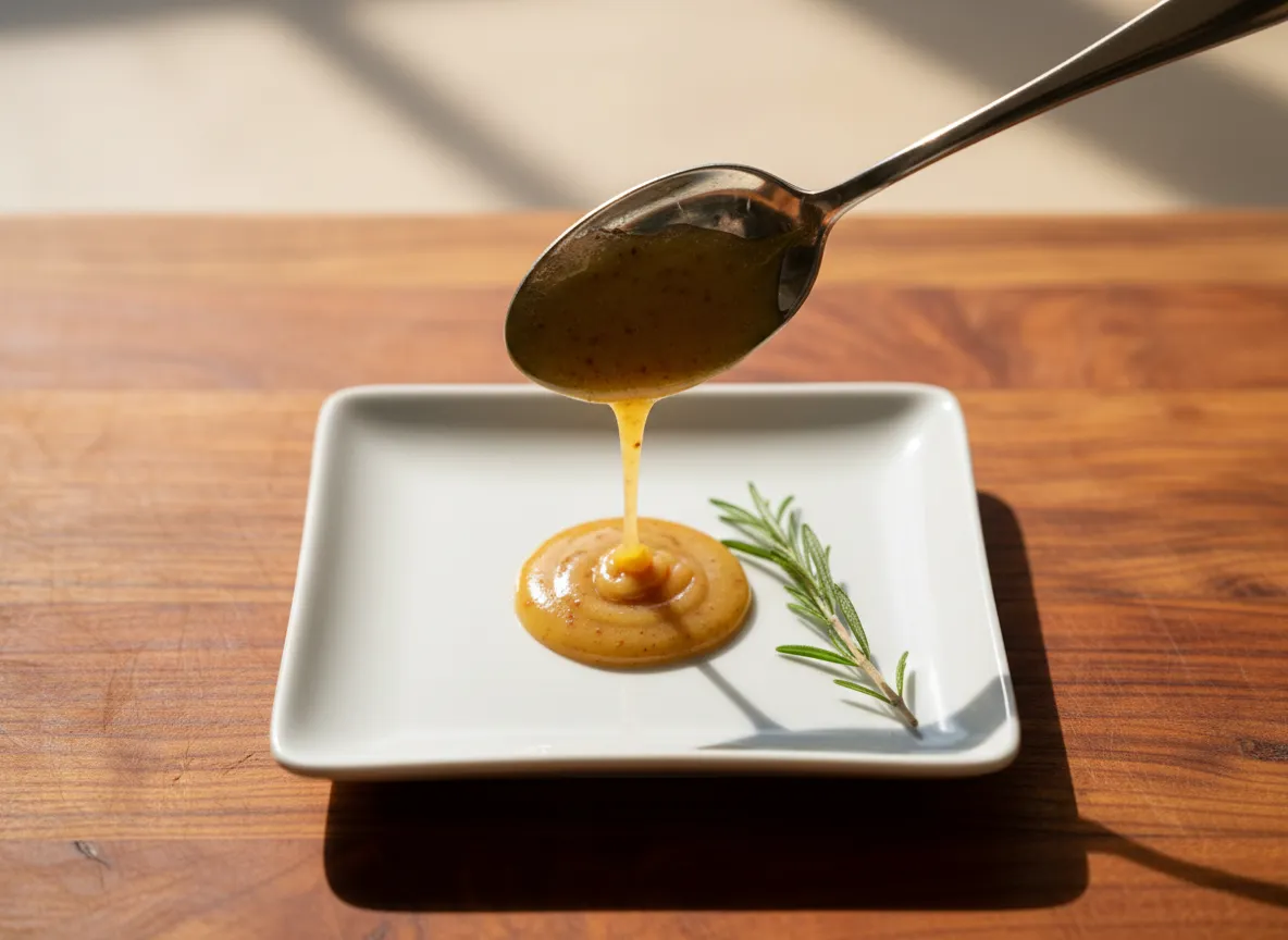 Spoon dripping with golden honey mustard glaze