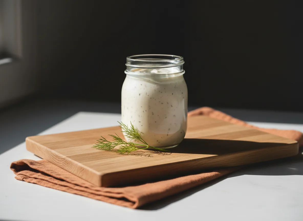 Glass jar of creamy homemade ranch dressing with fresh dill