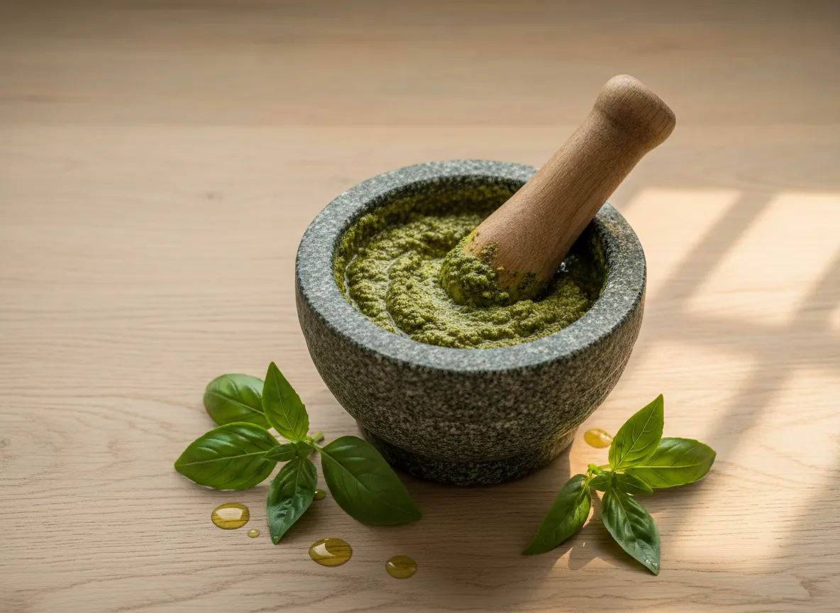 Mortar and pestle filled with bright green basil pesto