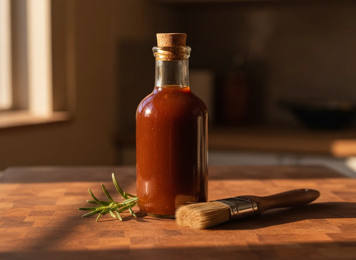 Glass bottle of thick maple BBQ sauce next to a wooden brush