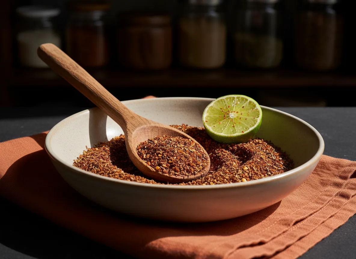 A rustic wooden spoon resting in a bowl of dark red taco seasoning