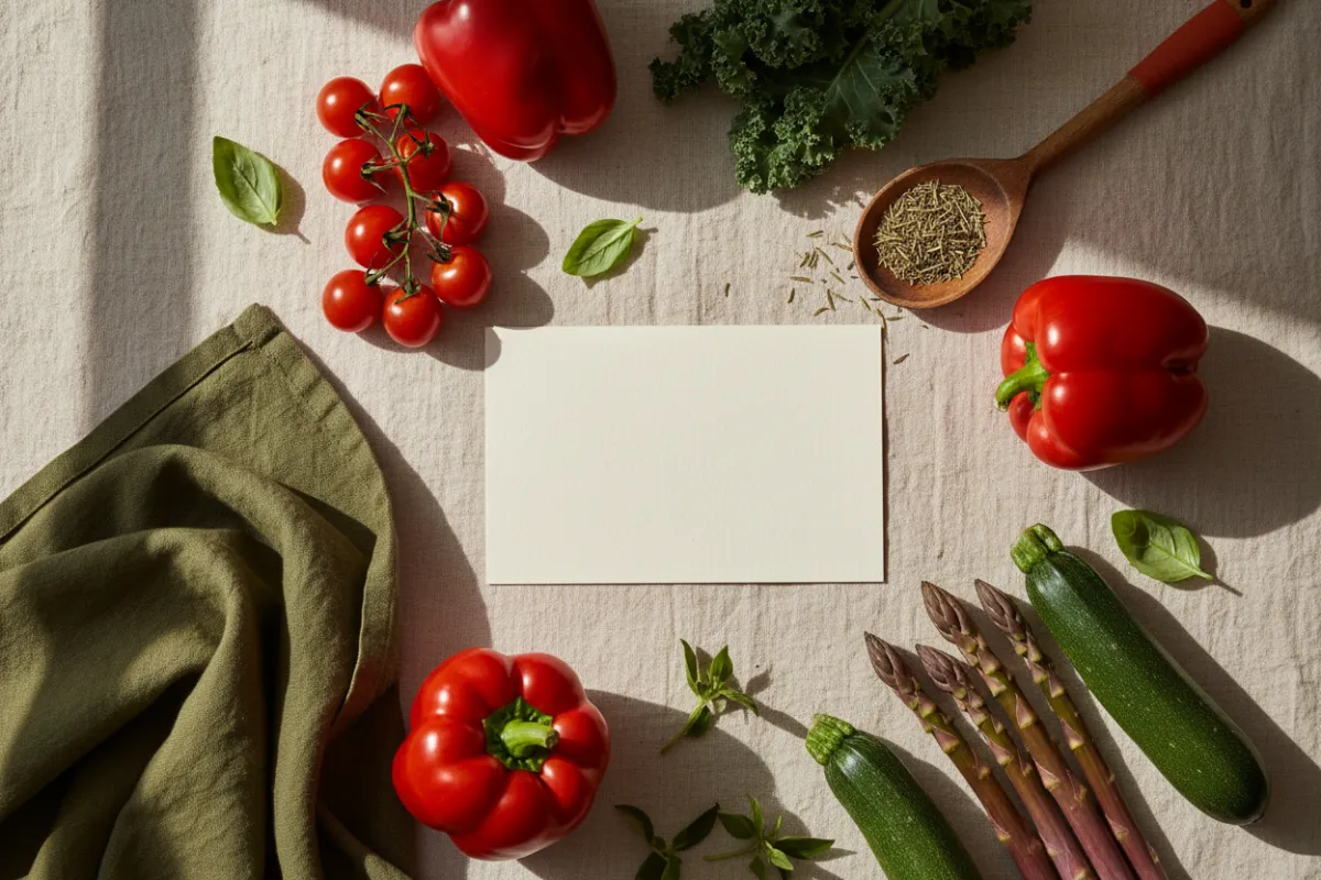 Fresh vegetables and ingredients prepared on a wooden cutting board