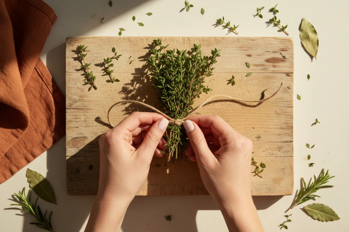 Hands carefully chopping fresh herbs on a rustic wooden board