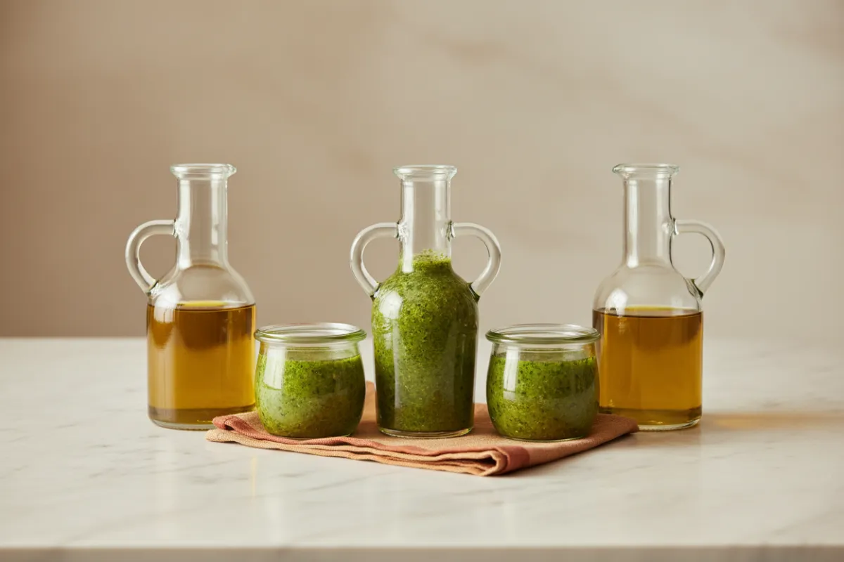Glass jars filled with olive oil and homemade herb vinaigrette
