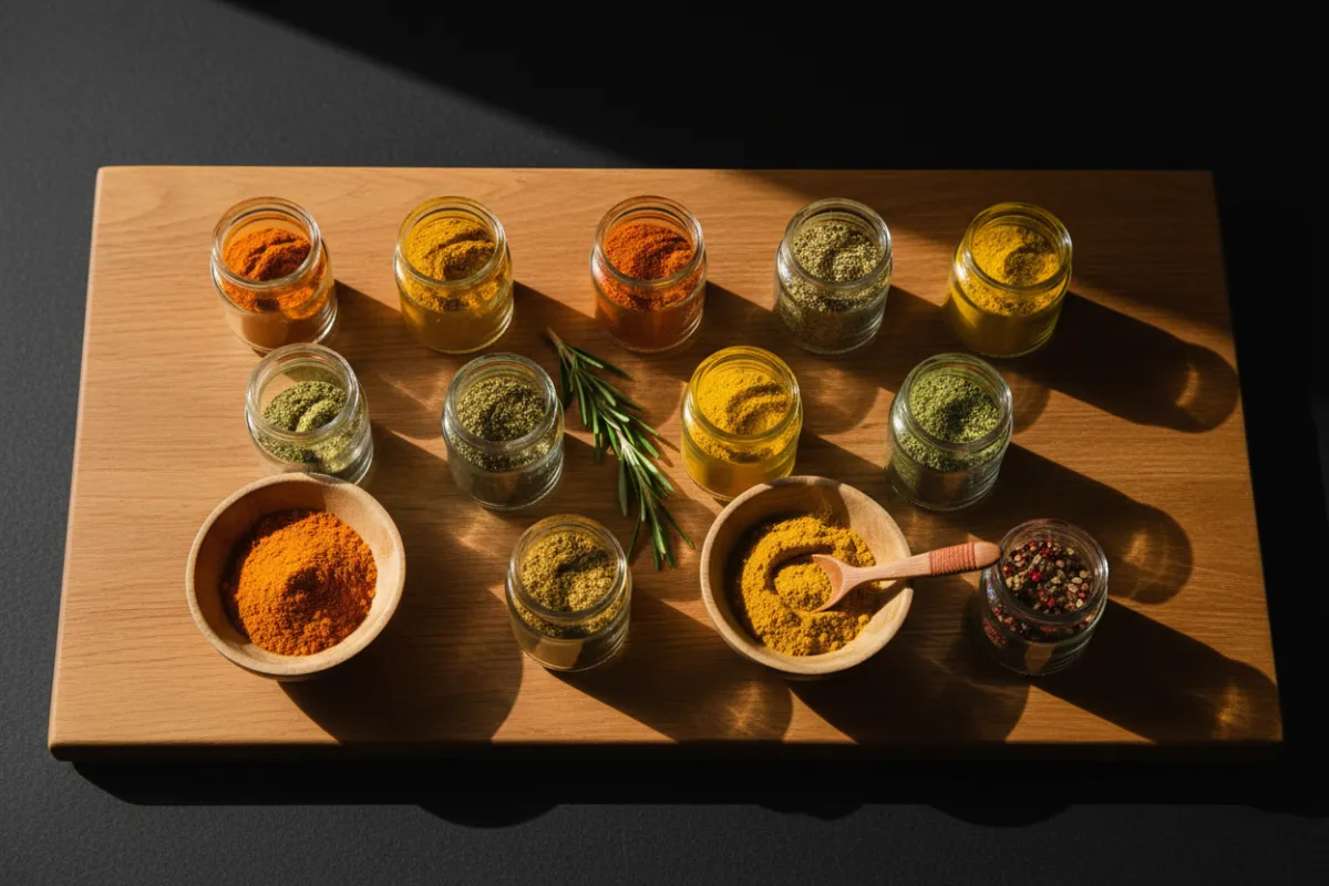 Small wooden bowls filled with vibrant, colorful spice blends