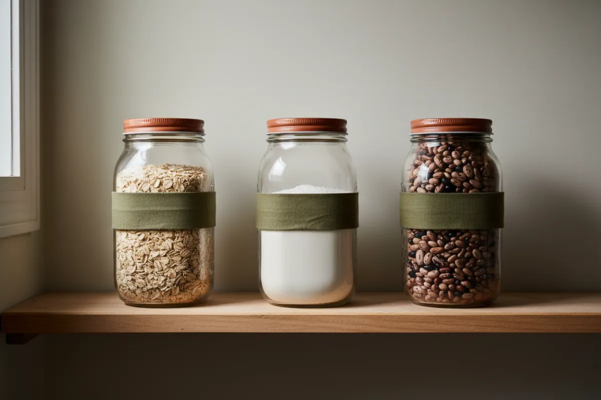 Pantry shelf lined with beautifully organized glass jars
