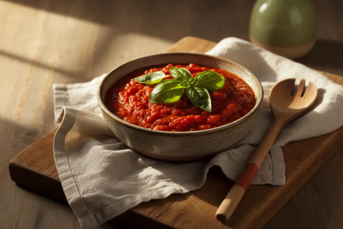 A pan of rich, simmering tomato sauce with fresh basil leaves