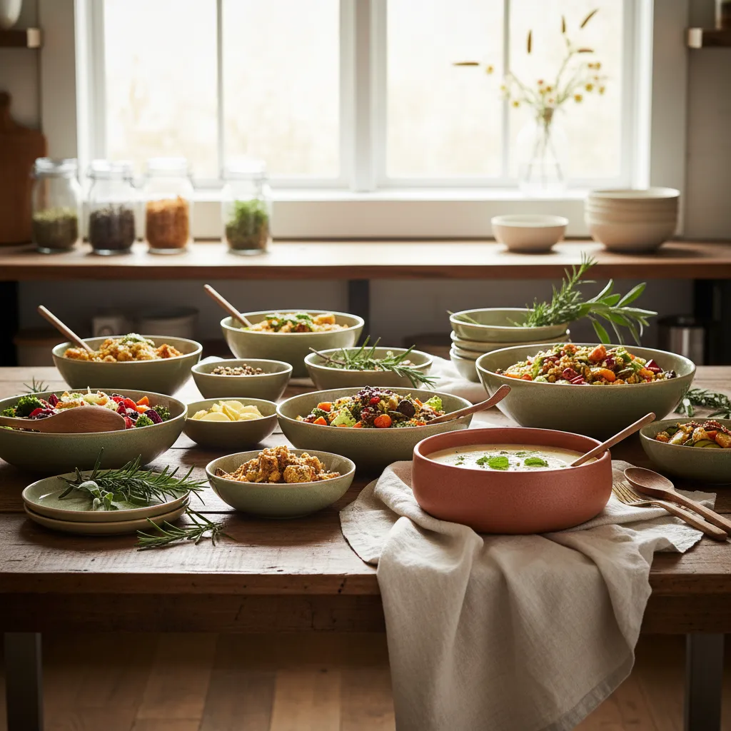 Warm kitchen gathering with beautifully plated dishes in high-key natural lighting