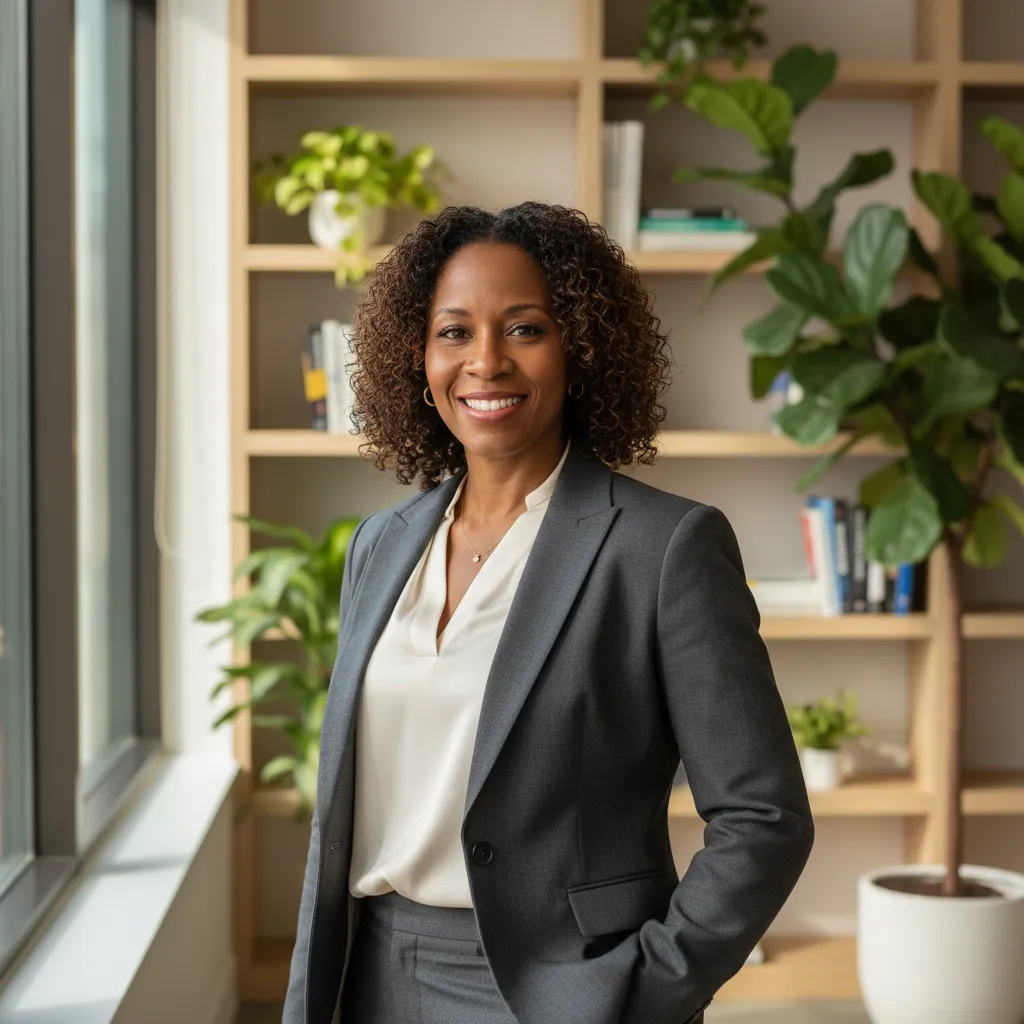 Portrait of Tahisia Scantling, an African-American woman in her 40s, wearing a tailored blazer, smiling confidently in a sunlit office with bookshelves and plants.