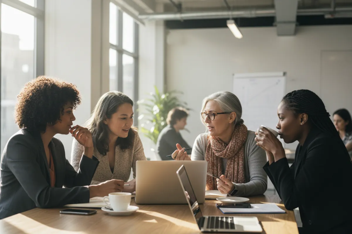 A group of women of various backgrounds, ages 40-60, gathered around a table in a bright coworking space, engaged in lively discussion and sharing investment ideas, with coffee and laptops.