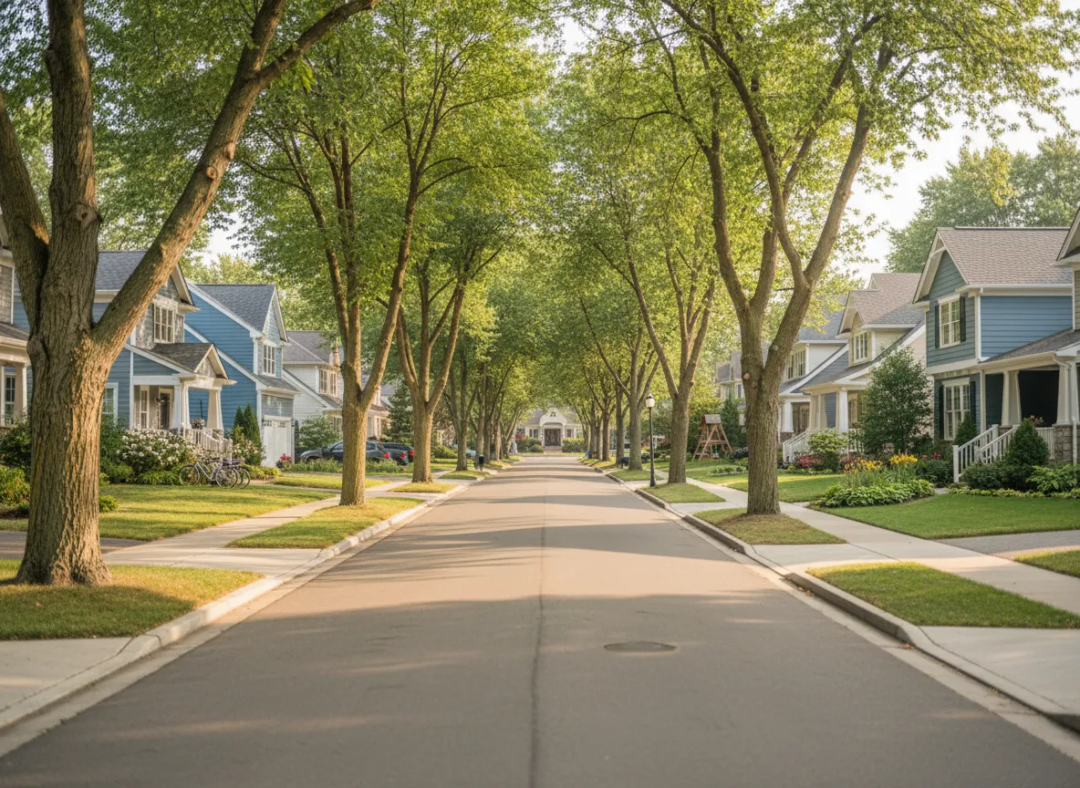 Tree-lined residential street with townhomes