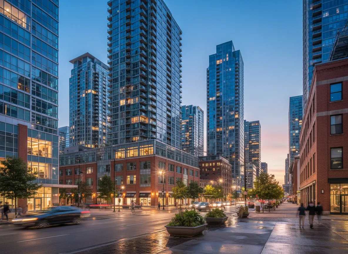 City skyline and modern condos at dusk