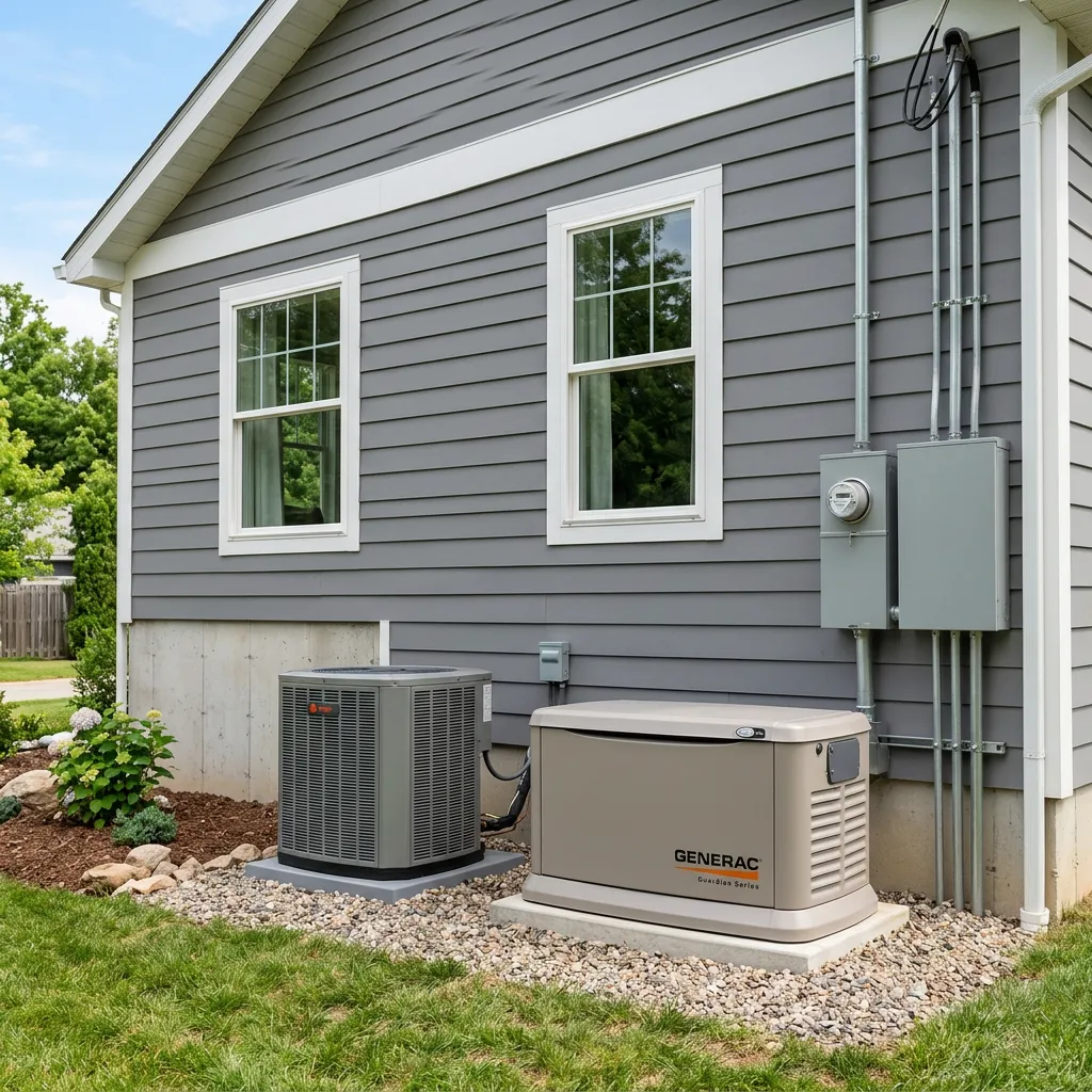 A Generac standby generator situated next to the side of a gray house, adjacent to the air conditioning unit and electrical service entrance.