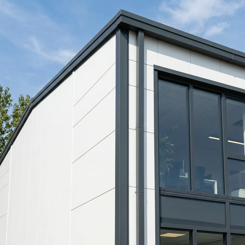 Close-up angled shot of the exterior corner of a white metal building with dark gray trim and siding details.