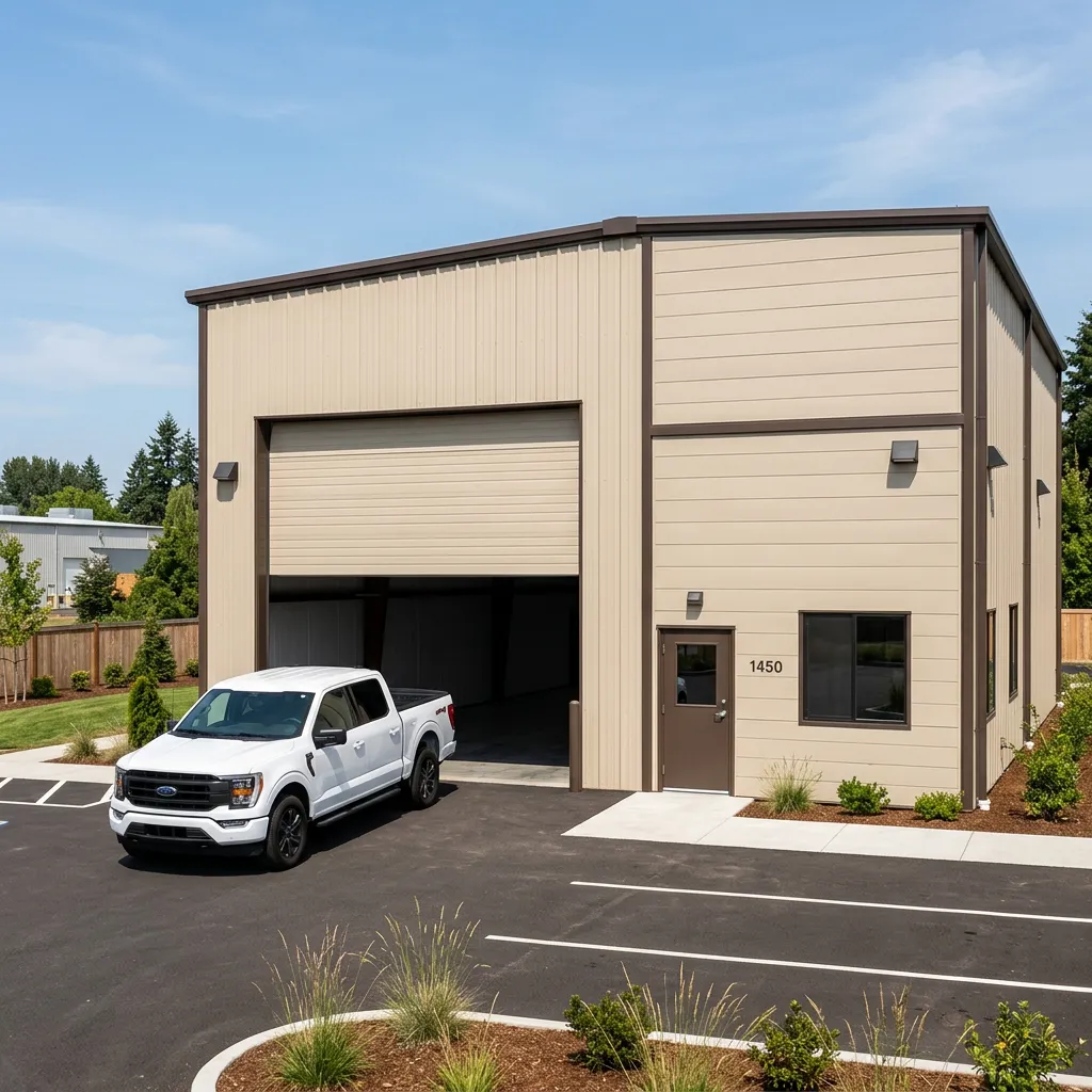 Exterior of a newly constructed beige metal building with brown trim, featuring a large open garage door and a truck parked outside.