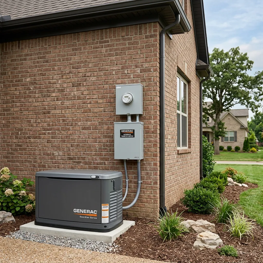 A Generac generator installed next to a brick home, with an automatic transfer switch and electrical panel mounted on the wall above it.