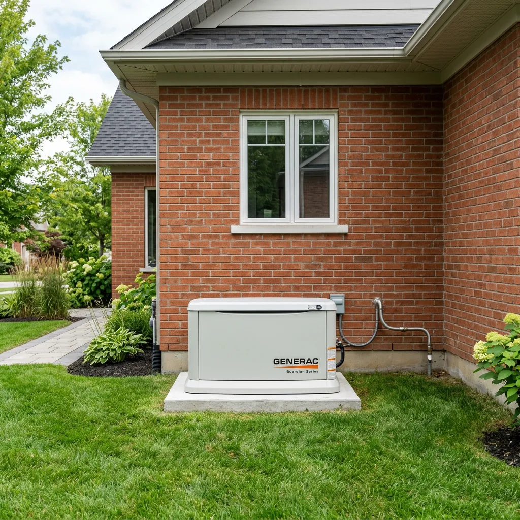 A Generac generator installed on a grassy yard next to a brick house with a window above it.