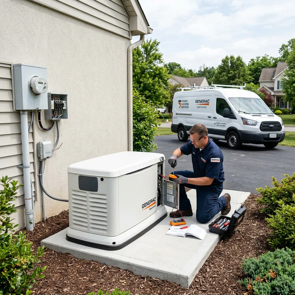 A white Generac standby generator installed on a concrete pad next to a residential electrical meter, with a technician working nearby and a white van parked in the background.