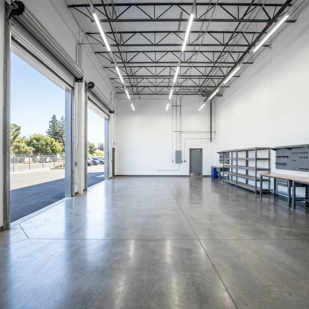 Interior view of an empty metal shop with bright overhead lighting, white walls, and a large open bay door.