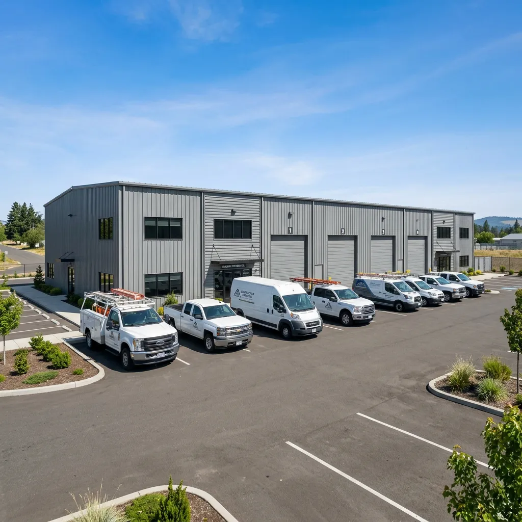 A wide shot of a gray metal building with several work trucks parked outside under a clear blue sky.