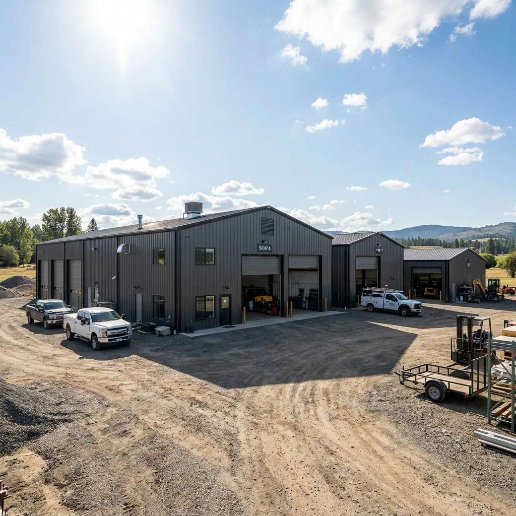 Sun shining brightly over several dark metal shop buildings surrounded by dirt and gravel.