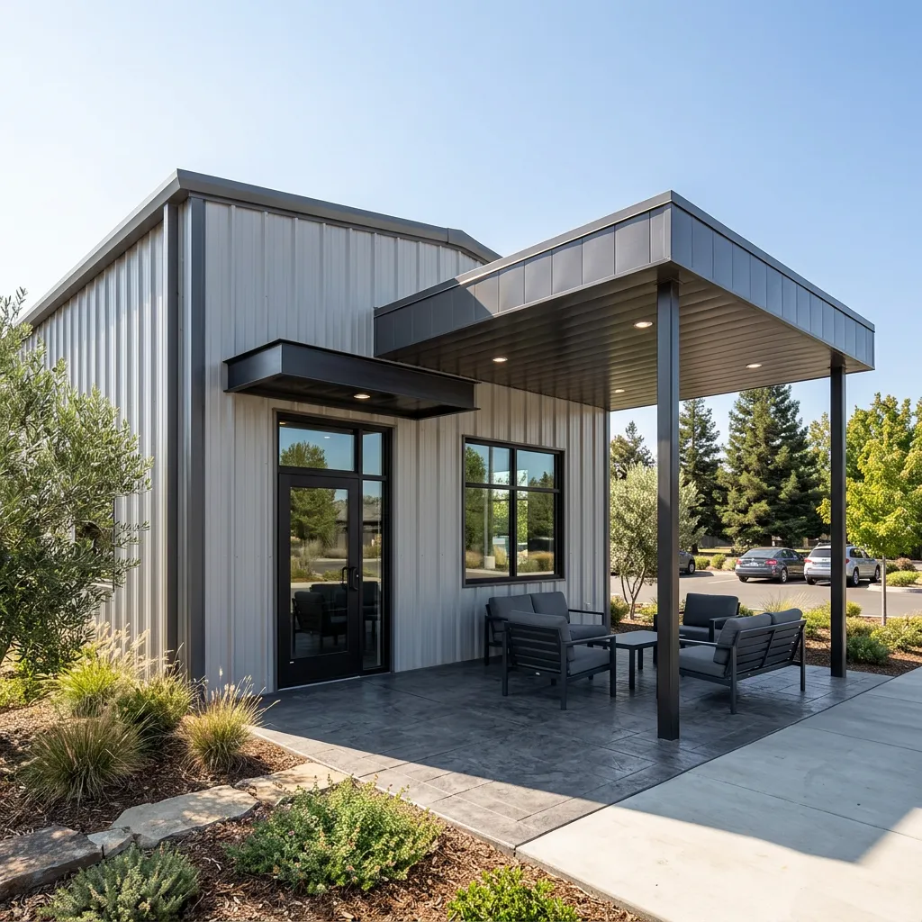 Exterior of a gray metal shop building with dark trim and an attached covered patio/awning area, taken on a sunny day.